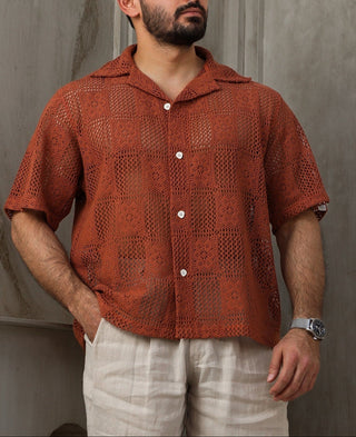 brick color Everseason crochet knitted shirt worn by a person on a white background