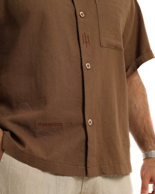 Brown button-up shirt with 'EVERYSEASON' branding on a white background