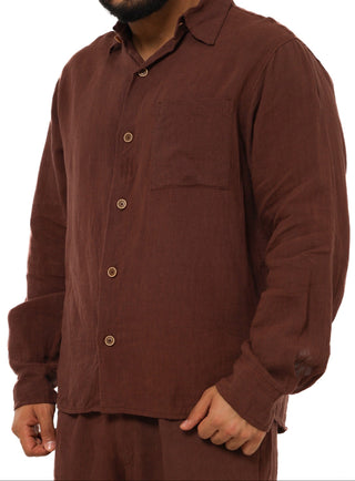 Man wearing Everseason brown button-up shirt on a white background