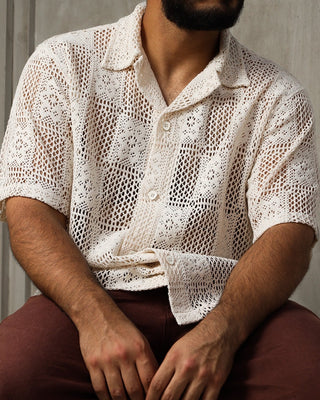 a beige Everseason crochet short-sleeve shirt 