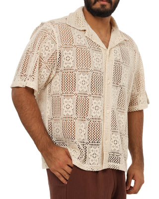  a beige Everseason crochet short-sleeve shirt on a white background