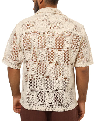 a beige Everseason crochet short-sleeve shirt on a white background