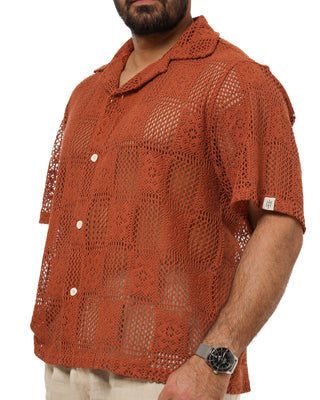 brick color Everseason crochet knitted shirt worn by a person on a white background