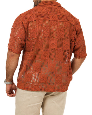 brick color Everseason crochet knitted shirt worn by a person on a white background