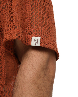 brick color crochet knitted shirt worn by a person with Everseason logo