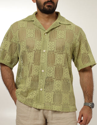 Light green Everseason crochet knitted shirt worn by a person on a white background