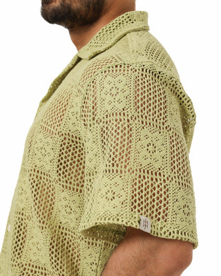 Light green Everseason crochet knitted shirt worn by a person on a white background