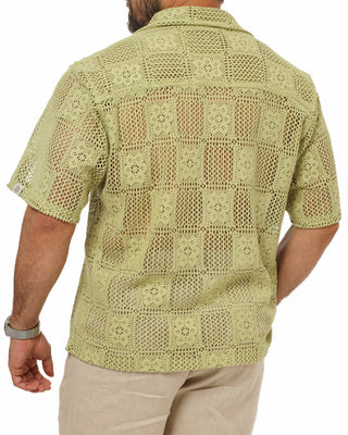 Light green Everseason crochet knitted shirt worn by a person on a white background