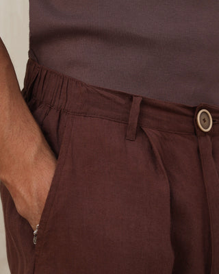 Close-up of brown Everseason 1005 linen pants with a button on a neutral background