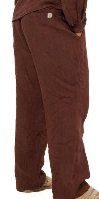 Brown Everseason 100% linen pants worn by a person on a white background