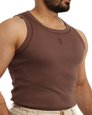 Brown Everseason tank top worn by a person on a white background